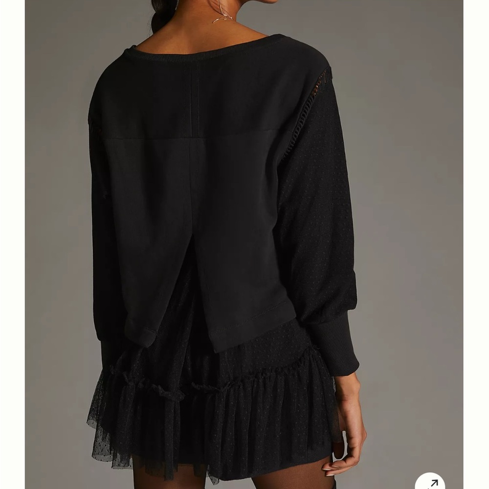 By Anthropologie Black Layered Tulle Sweatshirt Lace Hem - Picture 2 of 5
